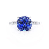 LIVELY - Chatham® Cushion Blue Sapphire 950 Platinum Petite Hidden Halo Pavé Shoulder Set Ring