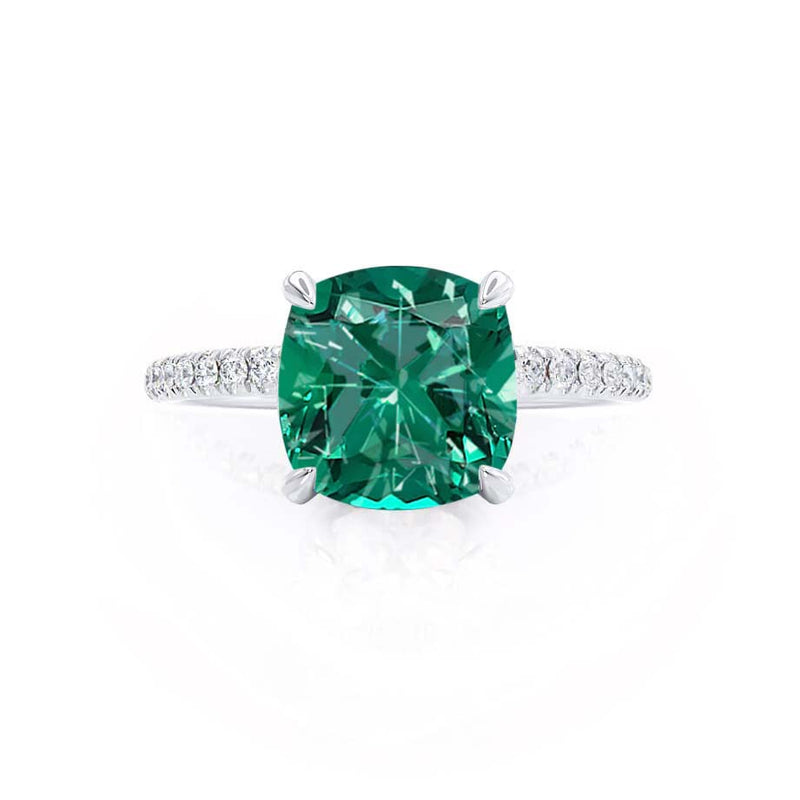 LIVELY - Chatham® Cushion Emerald 18k White Gold Petite Hidden Halo Pavé Shoulder Set Ring