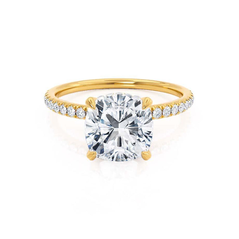 LIVELY - Cushion Natural Diamond 18k Yellow Gold Petite Hidden Halo Pavé Shoulder Set Engagement Ring Lily Arkwright