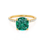 LIVELY - Chatham® Cushion Emerald 18k Yellow Gold Petite Hidden Halo Pavé Shoulder Set Ring