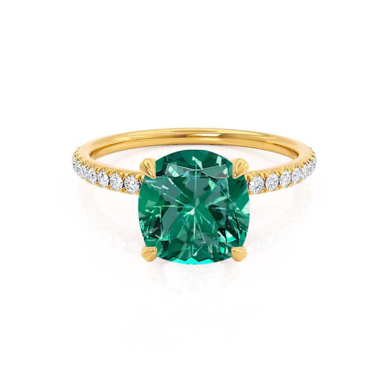 LIVELY - Chatham® Cushion Emerald 18k Yellow Gold Petite Hidden Halo Pavé Shoulder Set Ring