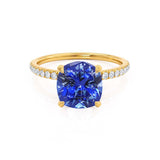 LIVELY - Chatham® Cushion Blue Sapphire 18k Yellow Gold Petite Hidden Halo Pavé Shoulder Set Ring