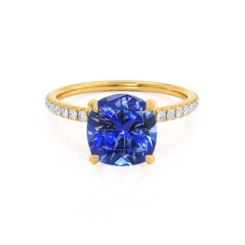 LIVELY - Chatham® Cushion Blue Sapphire 18k Yellow Gold Petite Hidden Halo Pavé Shoulder Set Ring