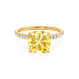 LIVELY - Chatham® Cushion Yellow Sapphire 18k Yellow Gold Petite Hidden Halo Pavé Shoulder Set Ring