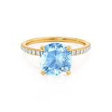 LIVELY - Chatham® Cushion Aqua Spinel 18k Yellow Gold Petite Hidden Halo Pavé Shoulder Set Ring