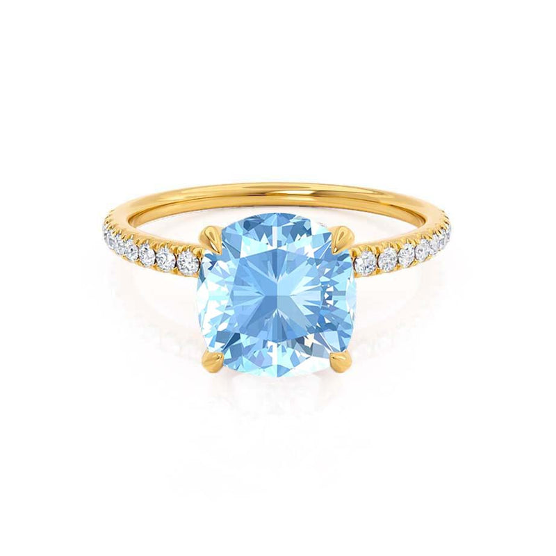 LIVELY - Chatham® Cushion Aqua Spinel 18k Yellow Gold Petite Hidden Halo Pavé Shoulder Set Ring