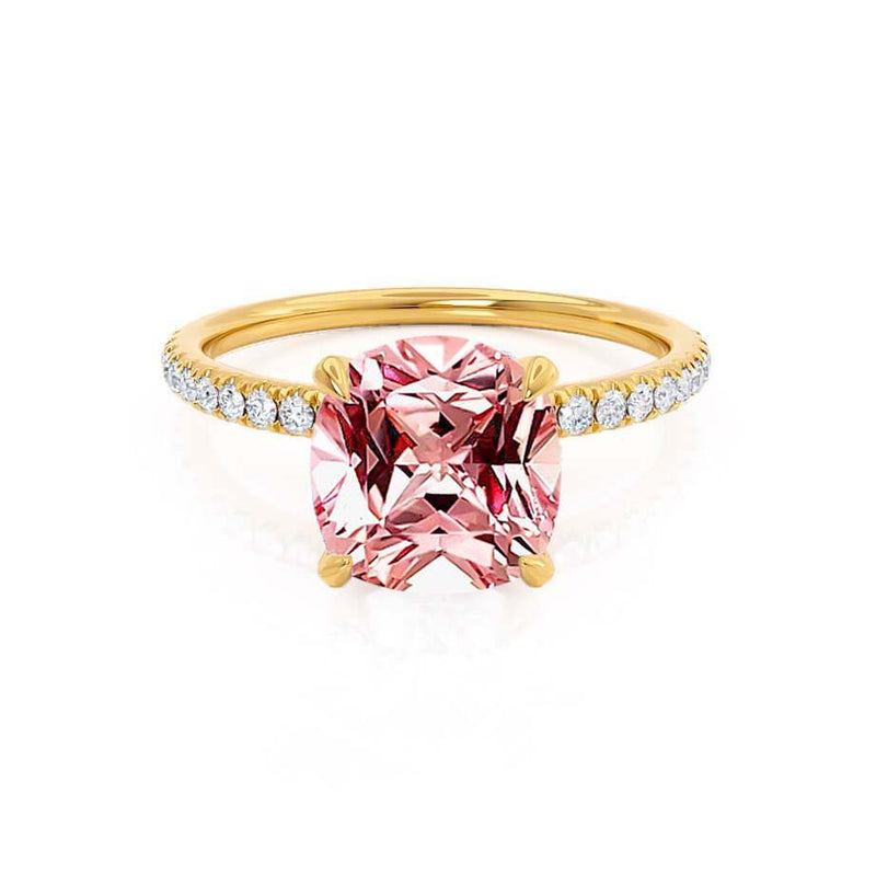 LIVELY - Chatham® Cushion Champagne Sapphire 18k Yellow Gold Petite Hidden Halo Pavé Shoulder Set Ring