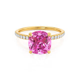 LIVELY - Chatham® Cushion Pink Sapphire 18k Yellow Gold Petite Hidden Halo Pavé Shoulder Set Ring