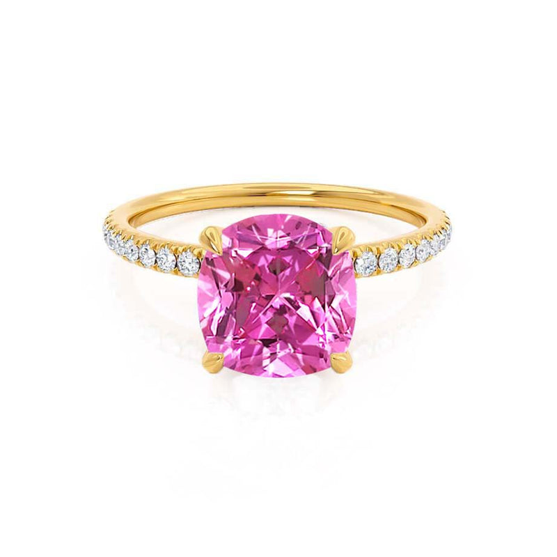 LIVELY - Chatham® Cushion Pink Sapphire 18k Yellow Gold Petite Hidden Halo Pavé Shoulder Set Ring