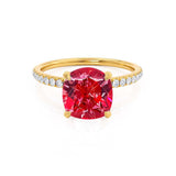 LIVELY - Chatham® Cushion Ruby 18k Yellow Gold Petite Hidden Halo Pavé Shoulder Set Ring