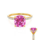 LIVELY - Chatham® Cushion Pink Sapphire 18k Yellow Gold Petite Hidden Halo Pavé Shoulder Set Ring
