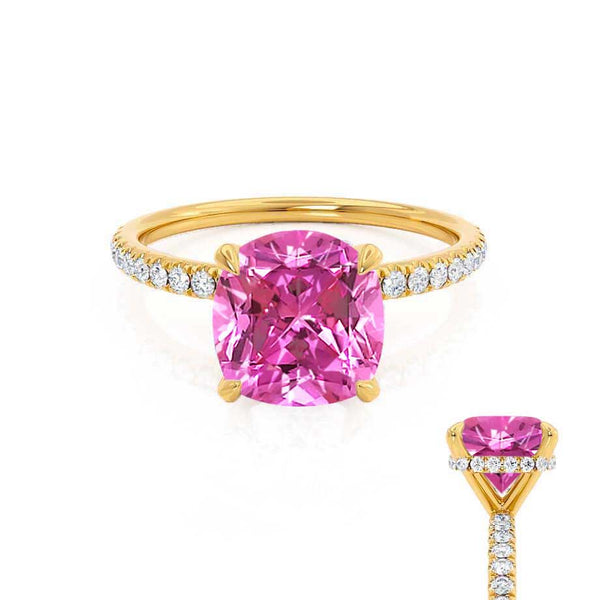 LIVELY - Chatham® Cushion Pink Sapphire 18k Yellow Gold Petite Hidden Halo Pavé Shoulder Set Ring