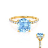 LIVELY - Chatham® Cushion Aqua Spinel 18k Yellow Gold Petite Hidden Halo Pavé Shoulder Set Ring