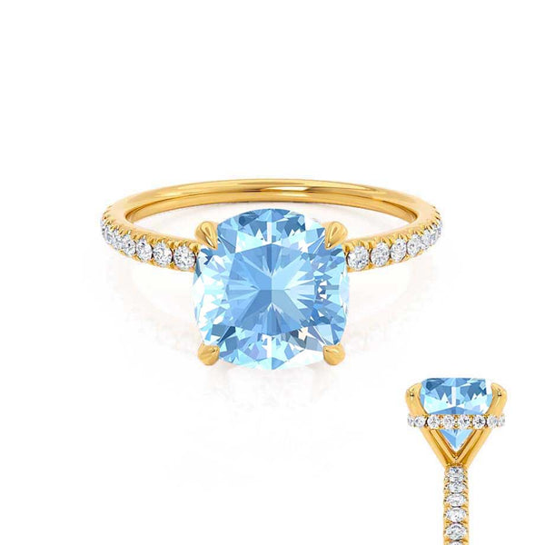 LIVELY - Chatham® Cushion Aqua Spinel 18k Yellow Gold Petite Hidden Halo Pavé Shoulder Set Ring