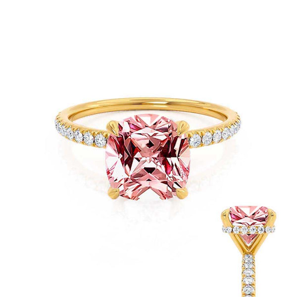 LIVELY - Chatham® Cushion Champagne Sapphire 18k Yellow Gold Petite Hidden Halo Pavé Shoulder Set Ring