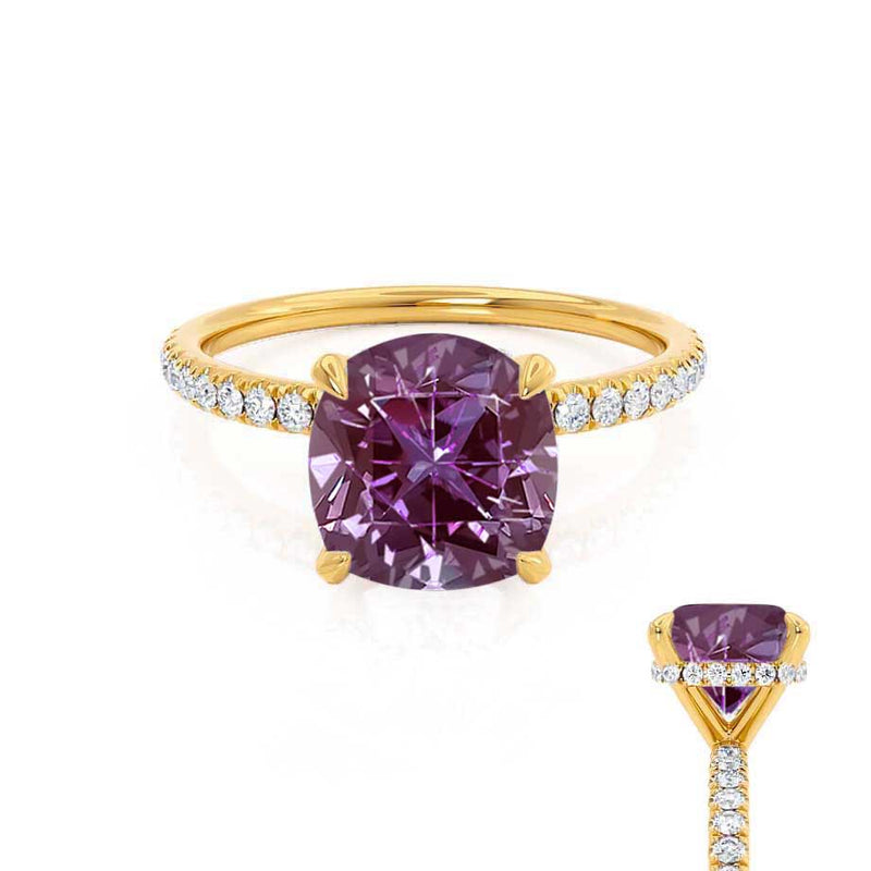 LIVELY - Chatham® Cushion Alexandrite 18k Yellow Gold Petite Hidden Halo Pavé Shoulder Set Ring