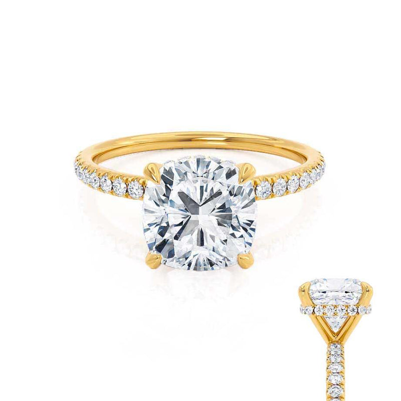 LIVELY - Cushion Natural Diamond 18k Yellow Gold Petite Hidden Halo Pavé Shoulder Set Engagement Ring Lily Arkwright