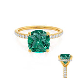 LIVELY - Chatham® Cushion Emerald 18k Yellow Gold Petite Hidden Halo Pavé Shoulder Set Ring