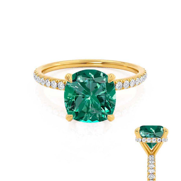 LIVELY - Chatham® Cushion Emerald 18k Yellow Gold Petite Hidden Halo Pavé Shoulder Set Ring