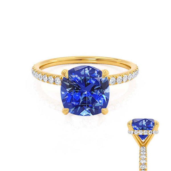 LIVELY - Chatham® Cushion Blue Sapphire 18k Yellow Gold Petite Hidden Halo Pavé Shoulder Set Ring