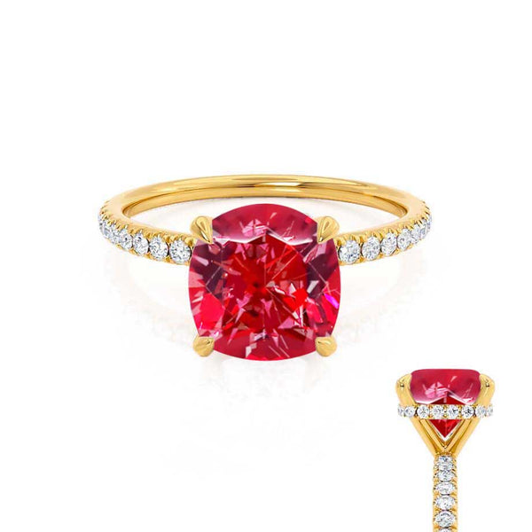 LIVELY - Chatham® Cushion Ruby 18k Yellow Gold Petite Hidden Halo Pavé Shoulder Set Ring
