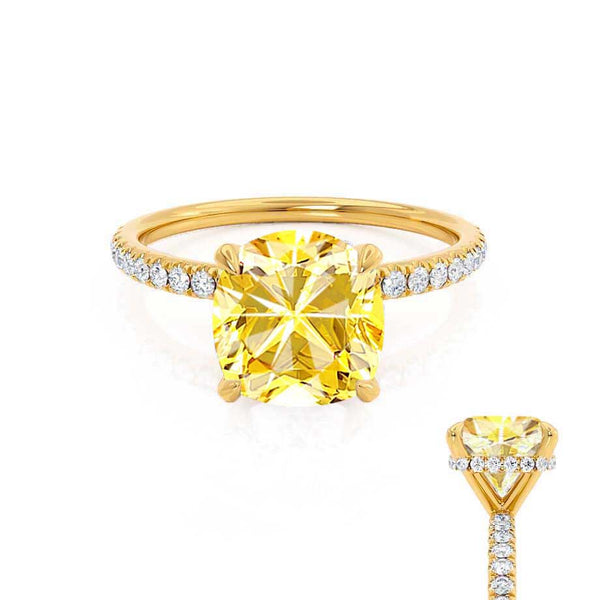 LIVELY - Chatham® Cushion Yellow Sapphire 18k Yellow Gold Petite Hidden Halo Pavé Shoulder Set Ring