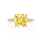 LIVELY - Chatham® Cushion Yellow Sapphire 18k Yellow Gold Petite Hidden Halo Pavé Shoulder Set Ring