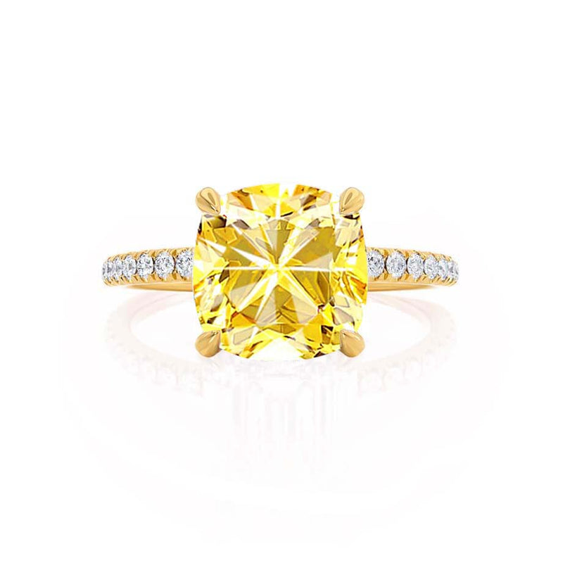 LIVELY - Chatham® Cushion Yellow Sapphire 18k Yellow Gold Petite Hidden Halo Pavé Shoulder Set Ring