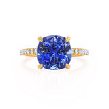 LIVELY - Chatham® Cushion Blue Sapphire 18k Yellow Gold Petite Hidden Halo Pavé Shoulder Set Ring