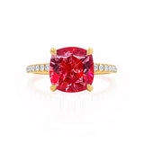 LIVELY - Chatham® Cushion Ruby 18k Yellow Gold Petite Hidden Halo Pavé Shoulder Set Ring