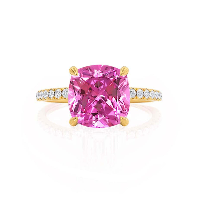 LIVELY - Chatham® Cushion Pink Sapphire 18k Yellow Gold Petite Hidden Halo Pavé Shoulder Set Ring