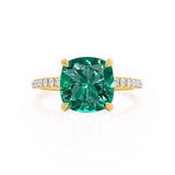 LIVELY - Chatham® Cushion Emerald 18k Yellow Gold Petite Hidden Halo Pavé Shoulder Set Ring