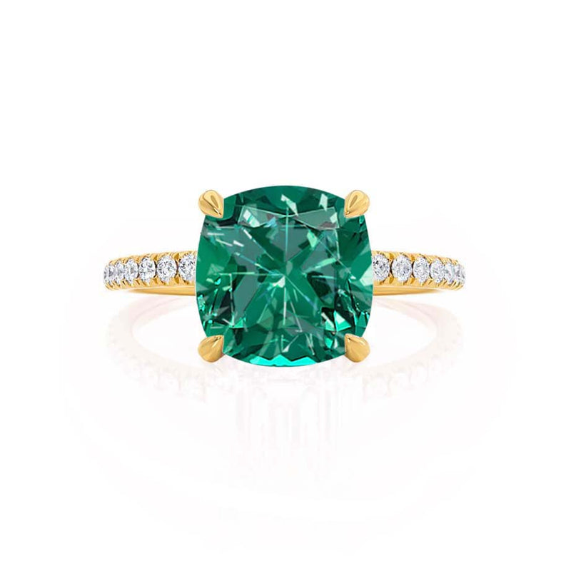 LIVELY - Chatham® Cushion Emerald 18k Yellow Gold Petite Hidden Halo Pavé Shoulder Set Ring