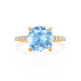 LIVELY - Chatham® Cushion Aqua Spinel 18k Yellow Gold Petite Hidden Halo Pavé Shoulder Set Ring