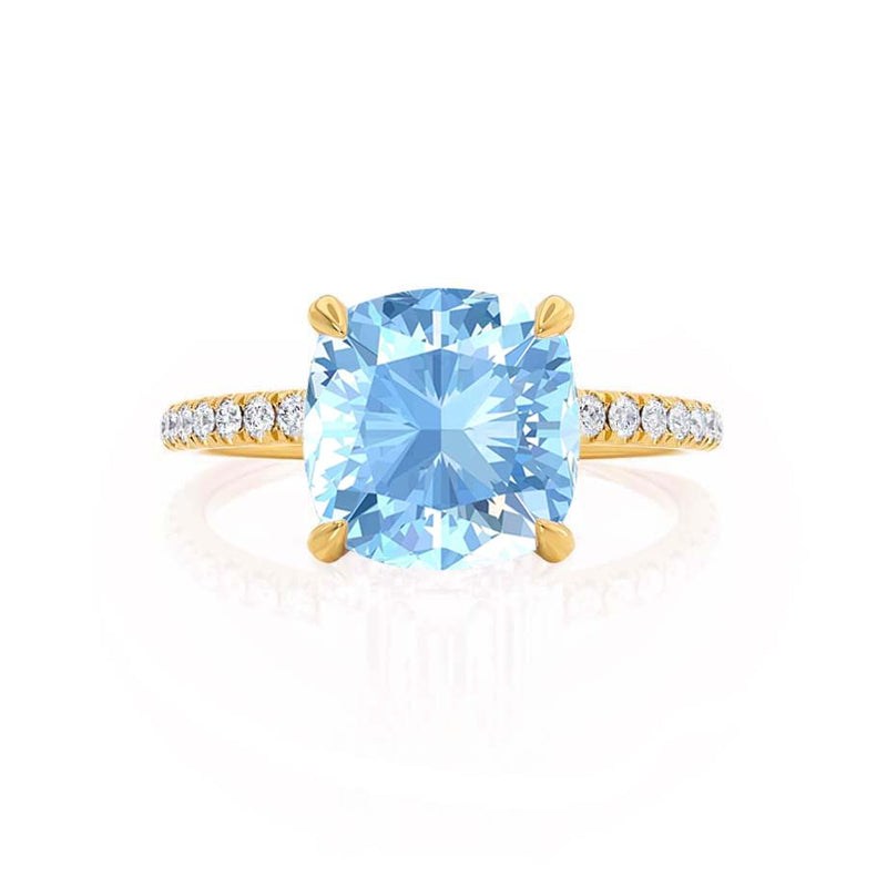 LIVELY - Chatham® Cushion Aqua Spinel 18k Yellow Gold Petite Hidden Halo Pavé Shoulder Set Ring