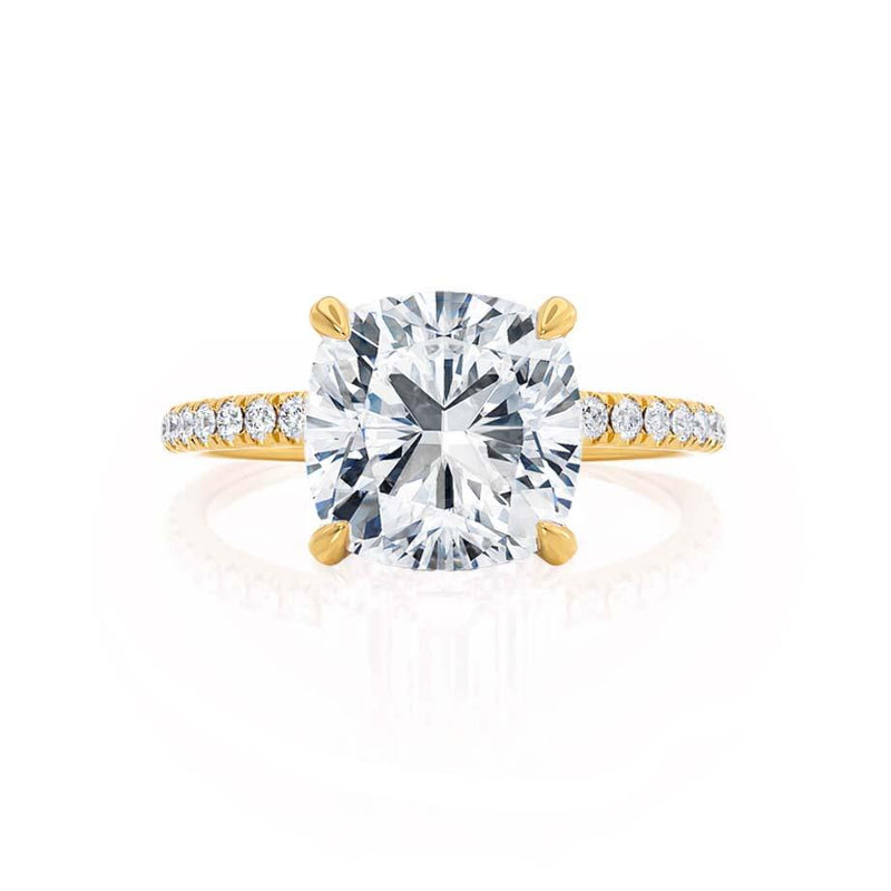 LIVELY - Cushion Natural Diamond 18k Yellow Gold Petite Hidden Halo Pavé Shoulder Set Engagement Ring Lily Arkwright