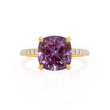 LIVELY - Chatham® Cushion Alexandrite 18k Yellow Gold Petite Hidden Halo Pavé Shoulder Set Ring