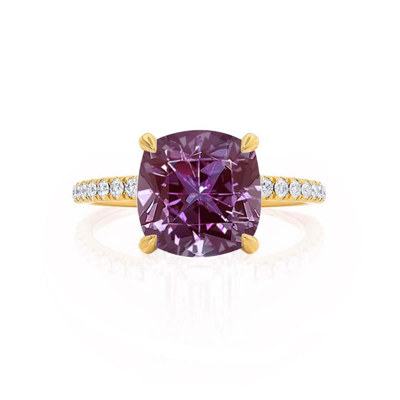 LIVELY - Chatham® Cushion Alexandrite 18k Yellow Gold Petite Hidden Halo Pavé Shoulder Set Ring