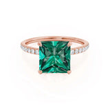LIVELY - Chatham® Princess Emerald 18k Rose Gold Petite Hidden Halo Pavé Shoulder Set Ring
