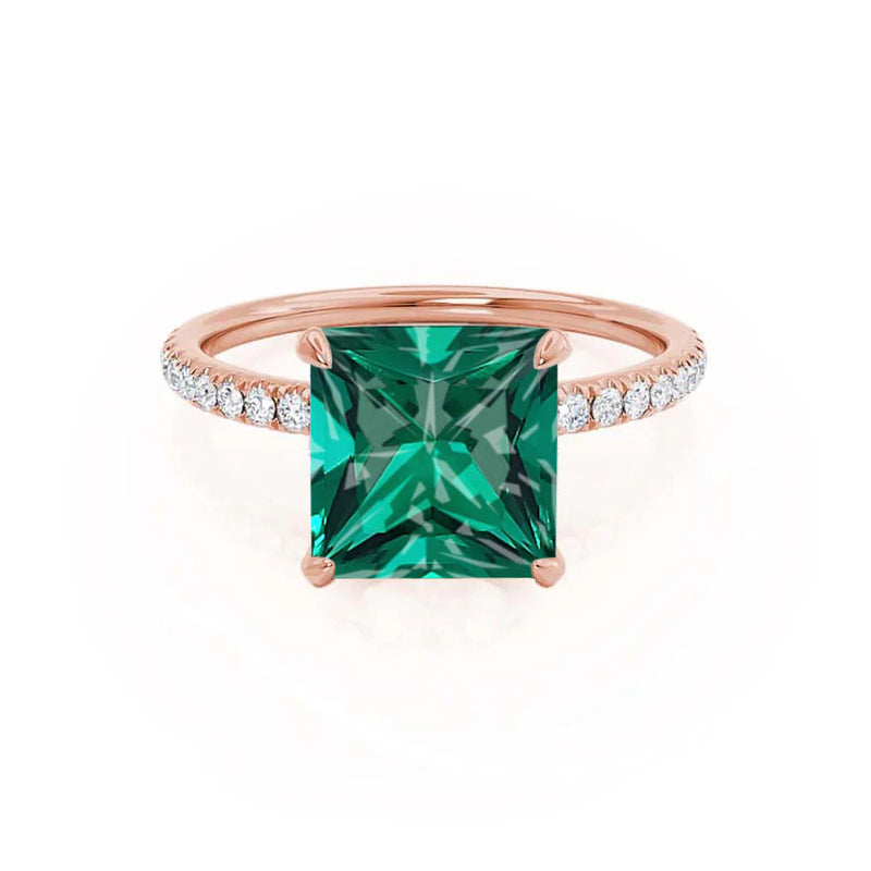 LIVELY - Chatham® Princess Emerald 18k Rose Gold Petite Hidden Halo Pavé Shoulder Set Ring