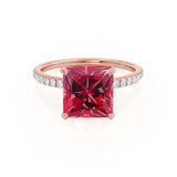 LIVELY - Chatham® Princess Ruby 18k Rose Gold Petite Hidden Halo Pavé Shoulder Set Ring