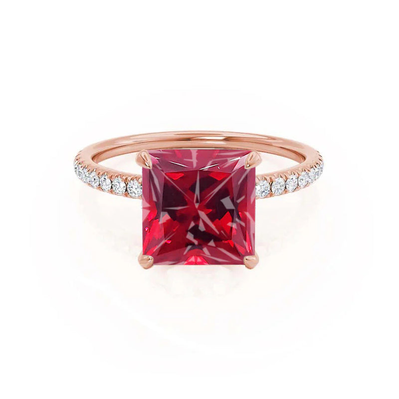 LIVELY - Chatham® Princess Ruby 18k Rose Gold Petite Hidden Halo Pavé Shoulder Set Ring