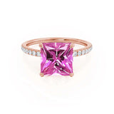 LIVELY - Chatham® Princess Pink Sapphire 18k Rose Gold Petite Hidden Halo Pavé Shoulder Set Ring