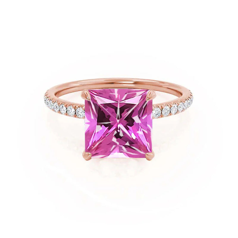 LIVELY - Chatham® Princess Pink Sapphire 18k Rose Gold Petite Hidden Halo Pavé Shoulder Set Ring