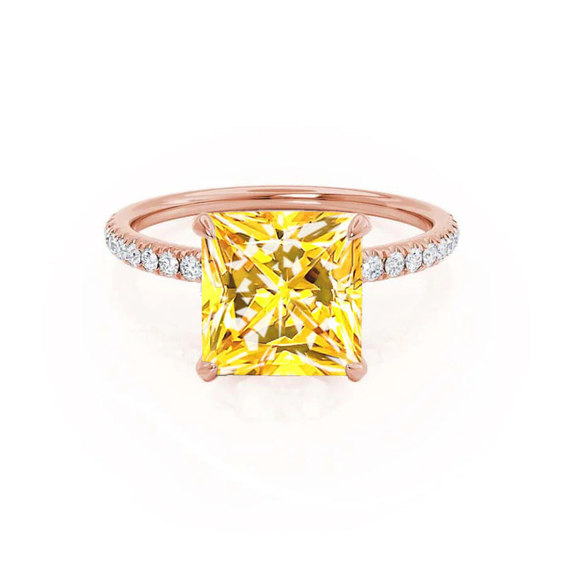 LIVELY - Chatham® Princess Yellow Sapphire 18k Rose Gold Petite Hidden Halo Pavé Shoulder Set Ring