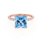 LIVELY - Chatham® Princess Aqua Spinel 18k Rose Gold Petite Hidden Halo Pavé Shoulder Set Ring