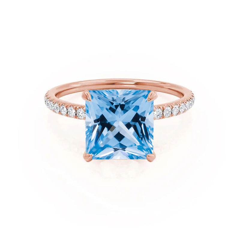 LIVELY - Chatham® Princess Aqua Spinel 18k Rose Gold Petite Hidden Halo Pavé Shoulder Set Ring