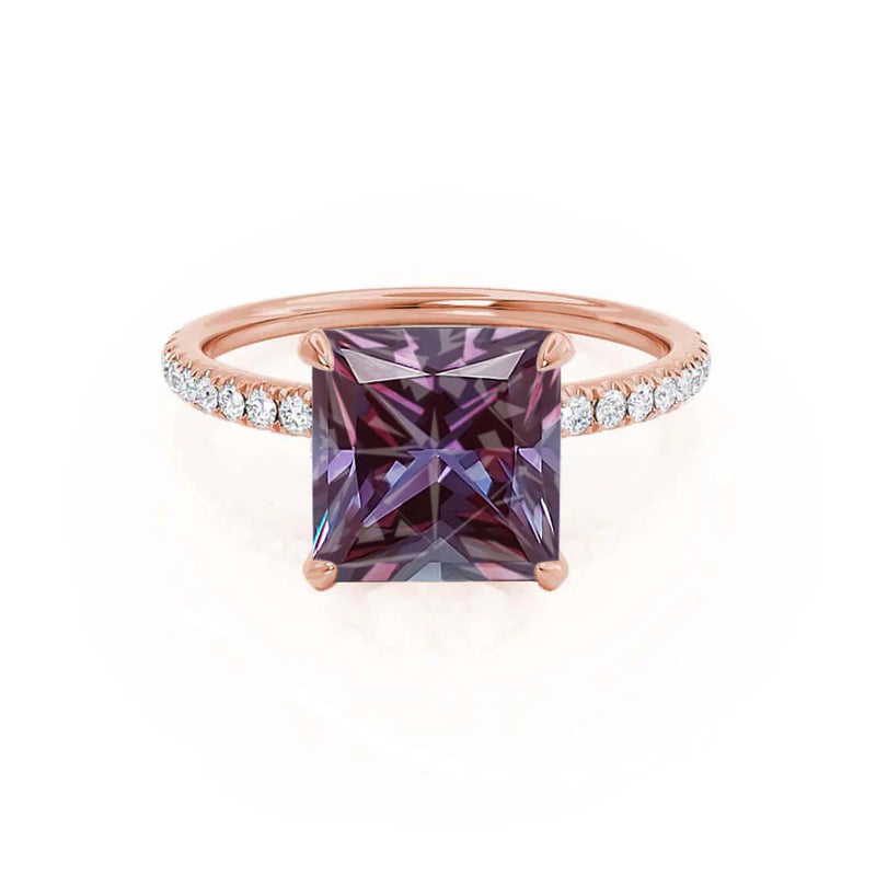 LIVELY - Chatham® Princess Alexandrite 18k Rose Gold Petite Hidden Halo Pavé Shoulder Set Ring
