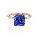 LIVELY - Chatham® Princess Blue Sapphire 18k Rose Gold Petite Hidden Halo Pavé Shoulder Set Ring