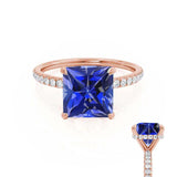 LIVELY - Chatham® Princess Blue Sapphire 18k Rose Gold Petite Hidden Halo Pavé Shoulder Set Ring